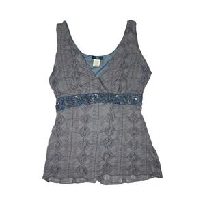 Fave Gray & Blue Sequin V Neck Tie Top With Sequins Y2K Large